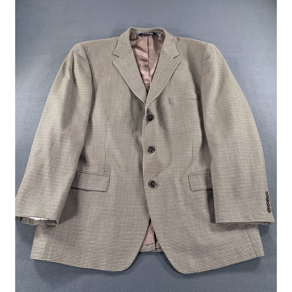 Stafford Houndstooth Silk Wool Blazer Mens 44R Check Sport Coat Jacket Beige